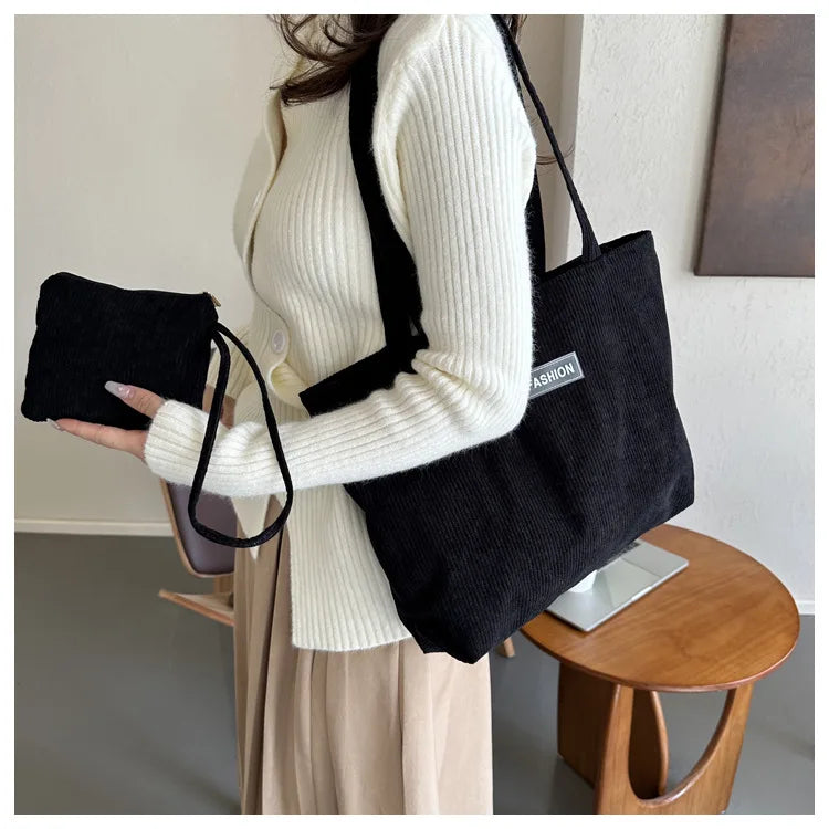 Ladies' handbag, corduroy ladies' shoulder bag, daily commuting tote bag, shoulder bag with small bag