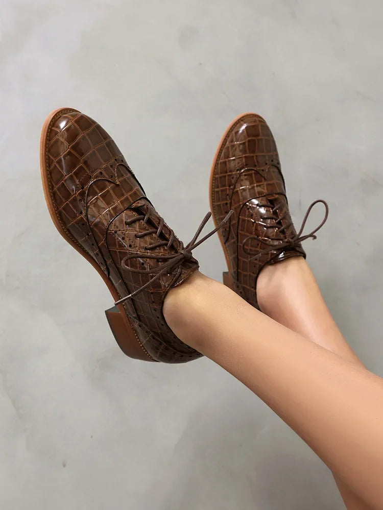 Women Shoes Spring New Fashion Round Toe Lace Up Retro Single Shoe for Office Party Walk Thick Low Heeled Big Size 48 775-1