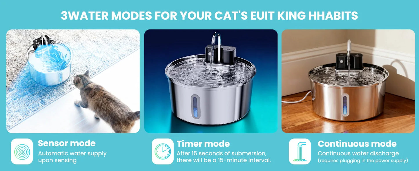 ATUBAN Wireless Cat Water Fountain-3.2L Automatic Cat Water Fountain Cordless,Stainless Steel Battery Operated for Multiple Pets