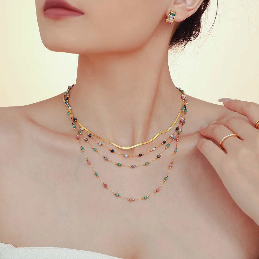 Women's Necklace Natural Stone Handmade Bead Double-layer Layered Collarbone Chain Stainless Steel Jewelry