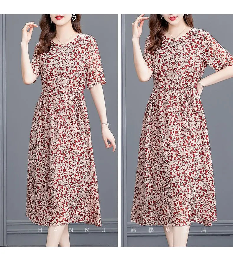 Women's Mulberry Silk Midi Dress V-Neck Three-Quarter Sleeve Red Floral Print Waist Tie Elegant Silk Summer Dress For Mature