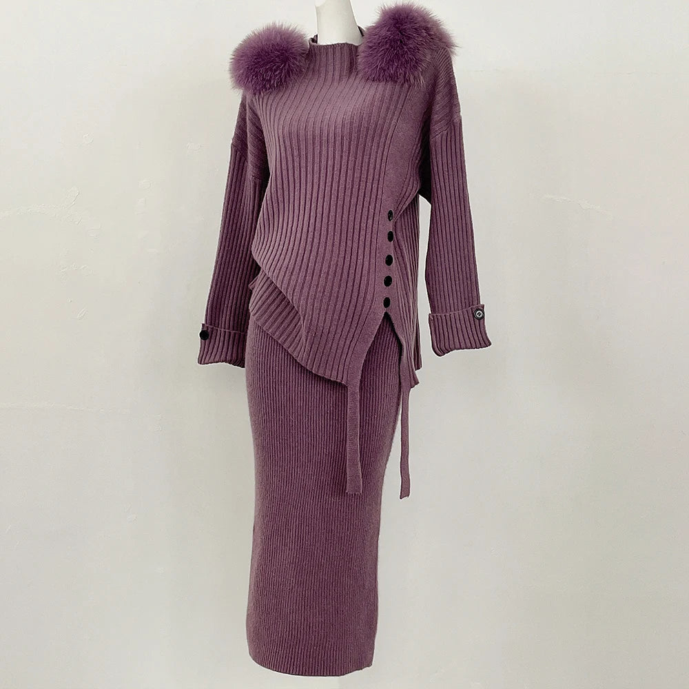 Sweater Set Warm suit Women Winter Knitted Suits two Piece Set Natural fox fur collar Sweater + Loose Trousers Office Lady Suit
