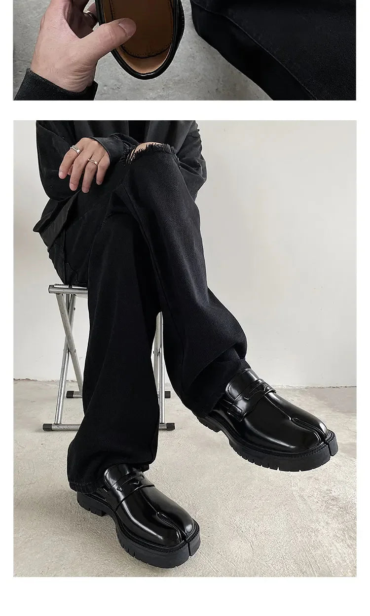 Maganda Split toe horseshoe shoes for men's thick sole Lefu shoes Tabi shoes patent leather shoes Korean version trend casual