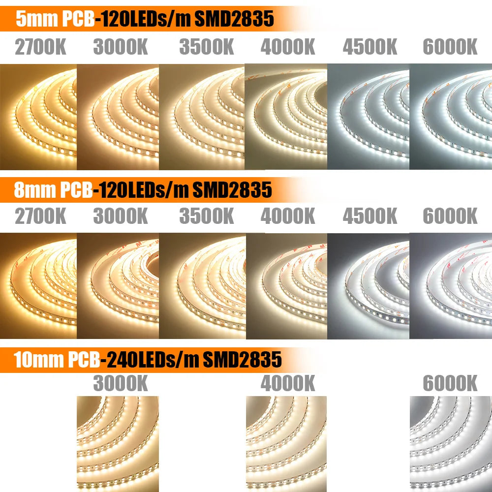 LED Strip Light RA98 5mm 8mm PCB 5m 10m 24V 2835 120 240 LEDs Flexible Adhesive Tape 2700K 3000K 3500K 4000K 5000K 6000K Decor