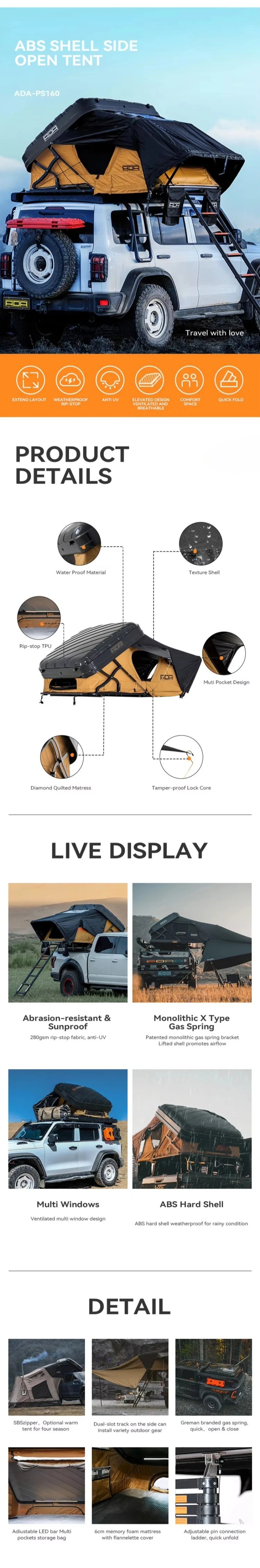 Customized Hard Roof Top Tent 4 Person Hard Shell Side Fold Waterproof Rooftop Camping Tent With 6cm Memory Foam Mattress