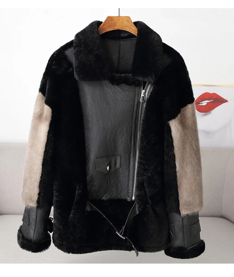 Sheepskin Coat For Women Winter Merino Fur Real Sheep Fur Jacket With Real Mink Fur Sleeve Motorcyle Female Winter Clothings