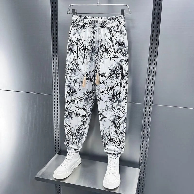 Ice Silk Men's Casual Fashionable Bamboo Leaf Print Sports Pants Loose Fit Long Trousers Youth Summer Active Wear