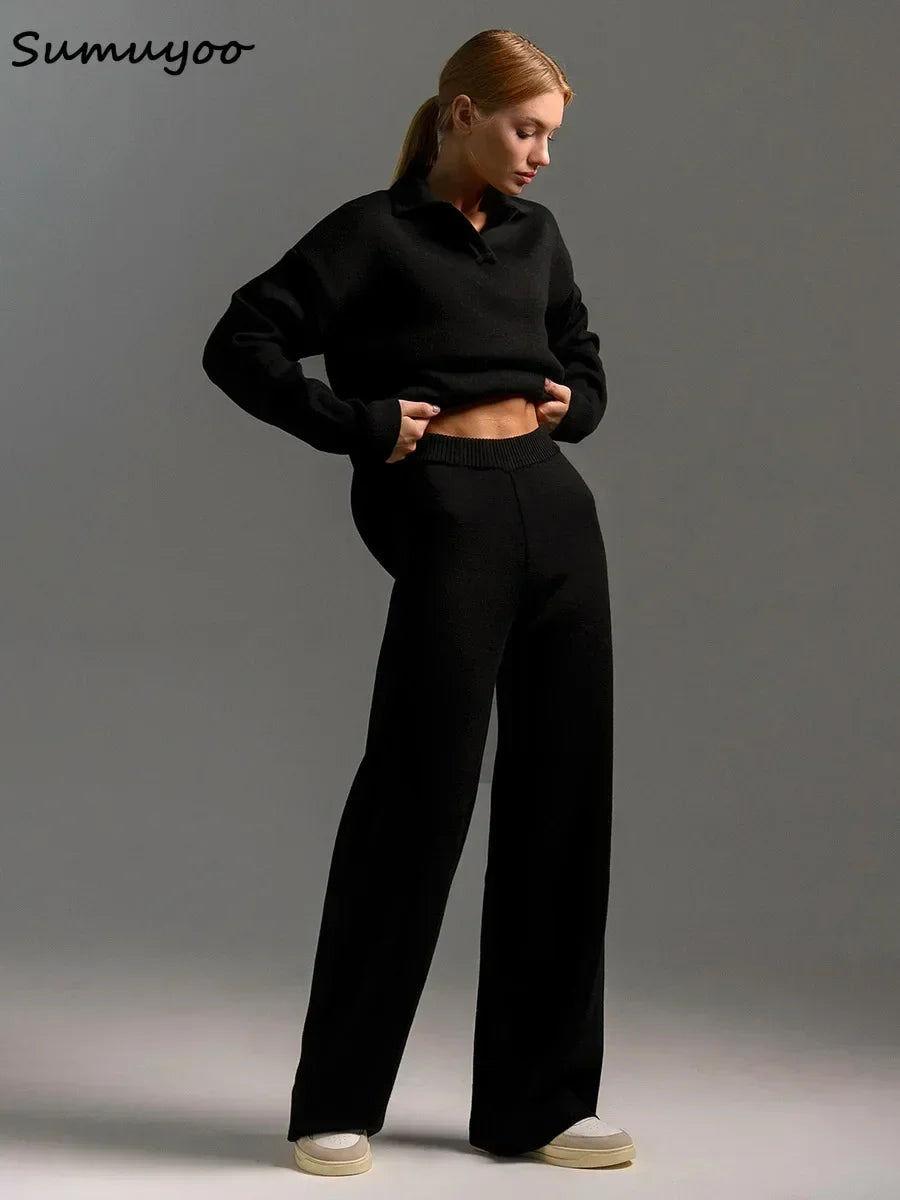 Sumuyoo Winter Thick Women Knitted Suits Cashmere Soft 2 Pieces Sets Female Polo Neck Sweater & Wide Leg Pants Knitted Outfit