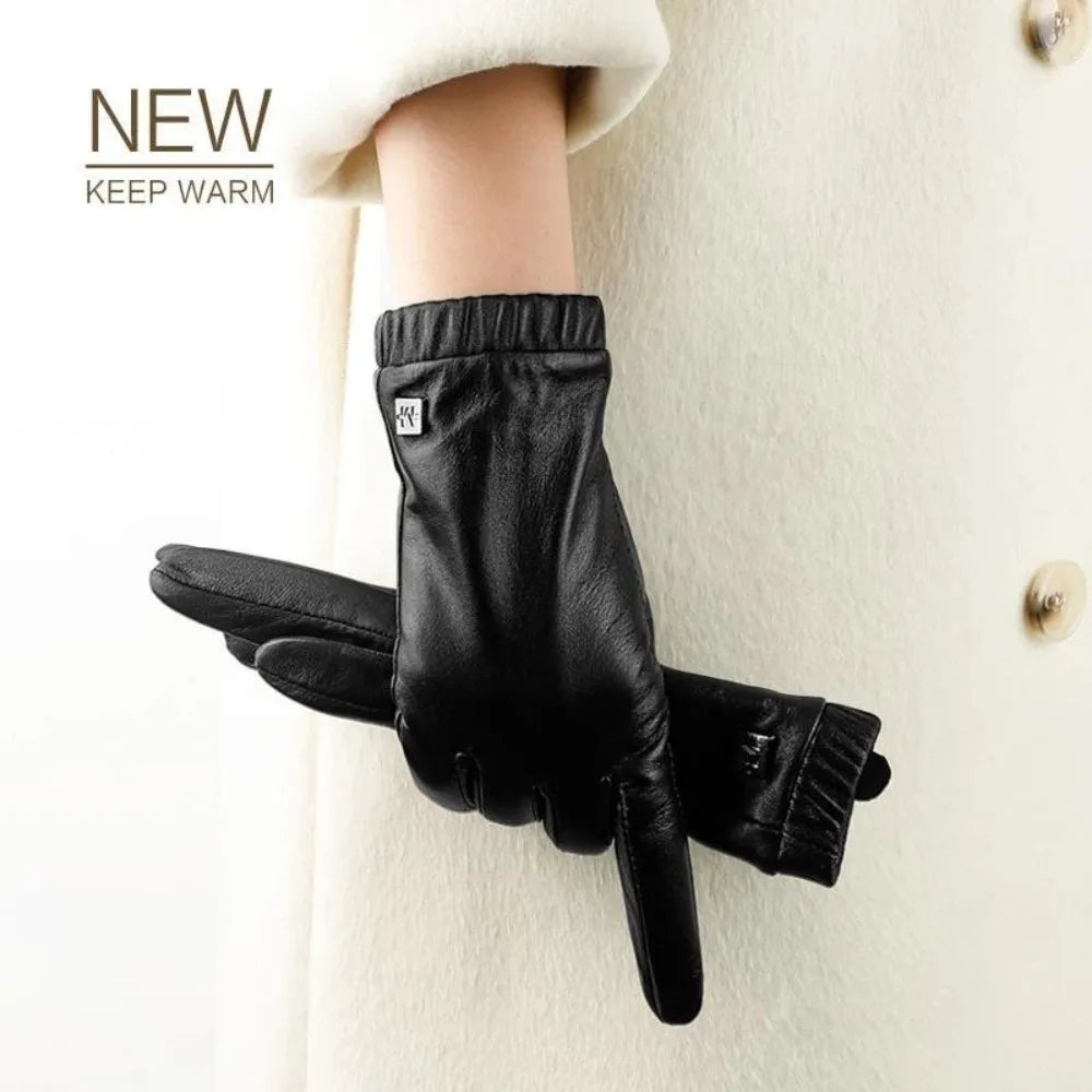 Genuine Leather Gloves (Men/Women): Fleece-Lined Warm, Thin/Thick Cotton, For Motorcycle Riding, Autumn/Winter,  Drop-Shipping