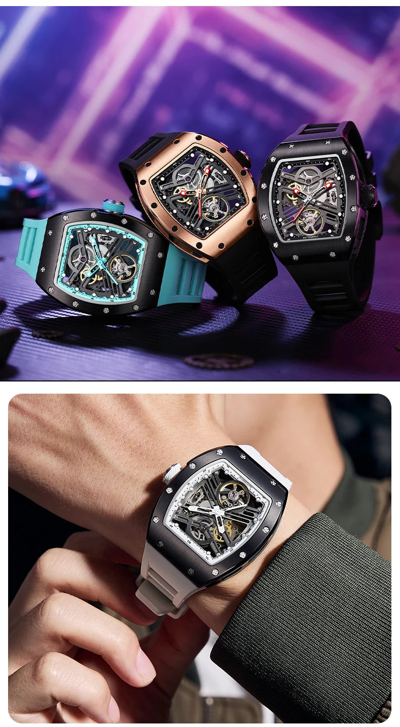 Automatic mechanical watch outdoors simple luxury watches waterproof wholesale skeleton leather mens watch gift