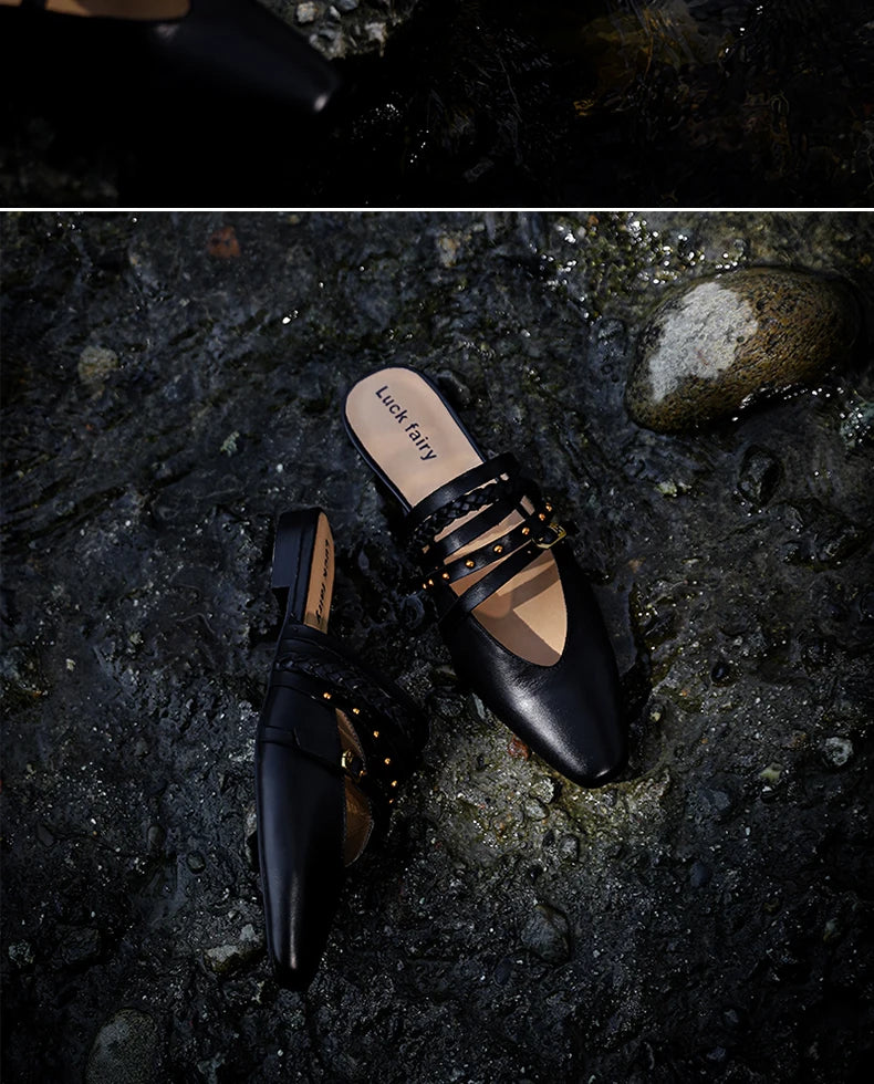 Ods Footwear Designer Rivet Women Flats Slippers Shoes Mules Female Slides Fashion Pointed Toe Ladies Flats Slippers Sandals 40