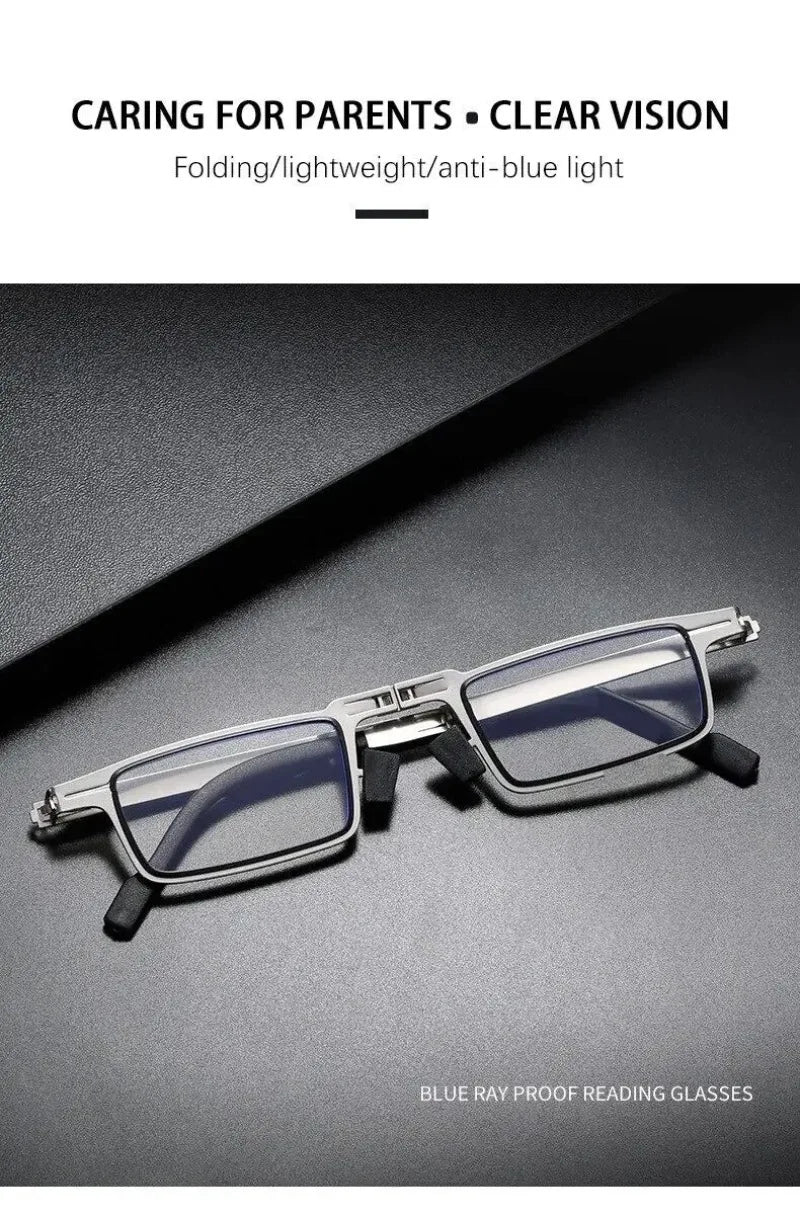 Portable Unisex Folding Reading Glasses Full Metal Frame Anti Blue Light Blocking for Men Women Presbyopia Eyeglasses with Case