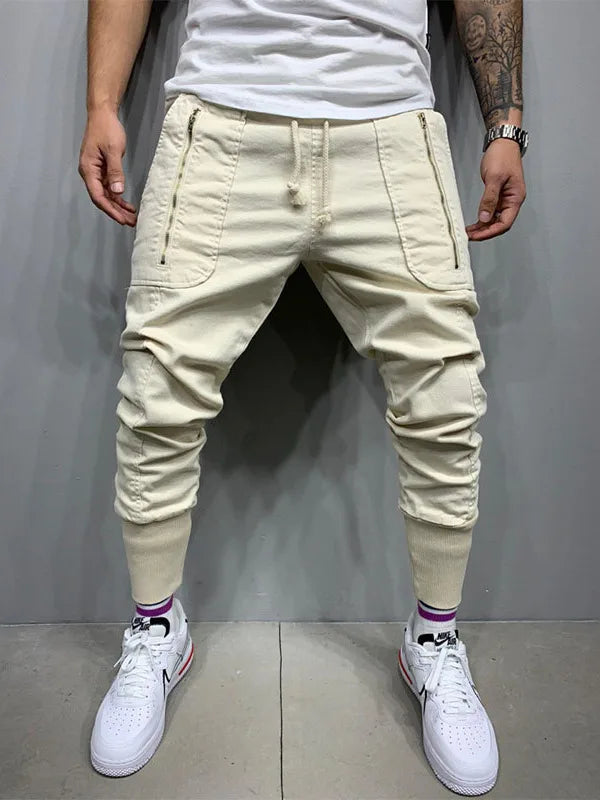 Casual Workwear Pants Men's Zipper Pencil Joggers Sweatpants Street Style Elastic Waist Summer Polyester Fiber