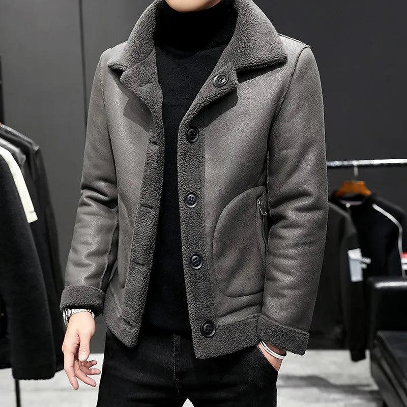 Winter Men's Warm Double sided Jackets Granular Wool Fashion Turn Down Collar Casual Outwear Coats Men Fleece Jacket Plus Size
