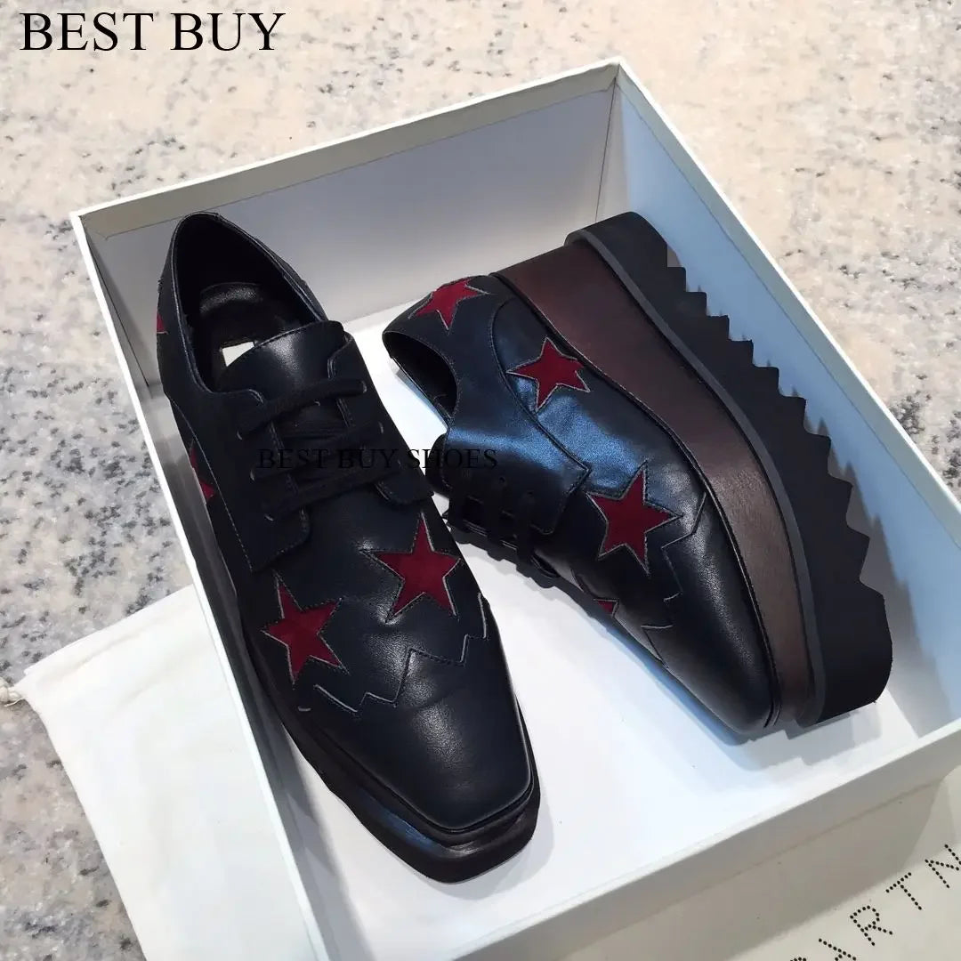 Women Fashion patent Stars high Loafers Shoes Lady Square Toe lace-up Thick Bottom Platform Wedge Shoes For Women sneakers