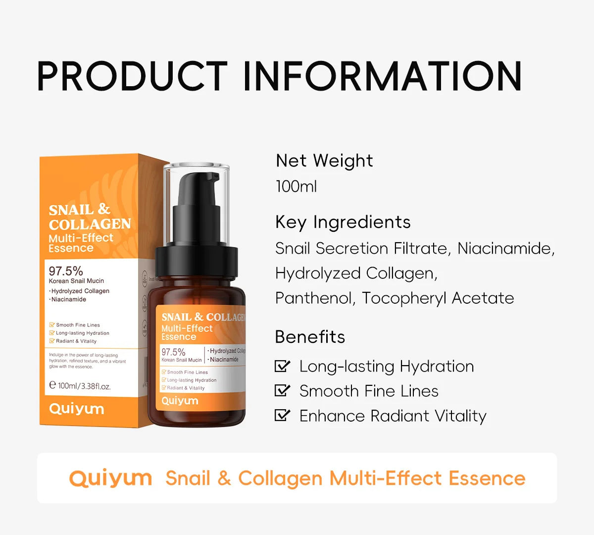 Quiyum 3 Step Set 97.5% Snail Mucin Collagen Hydrating Glowing Skin Korean Skincare