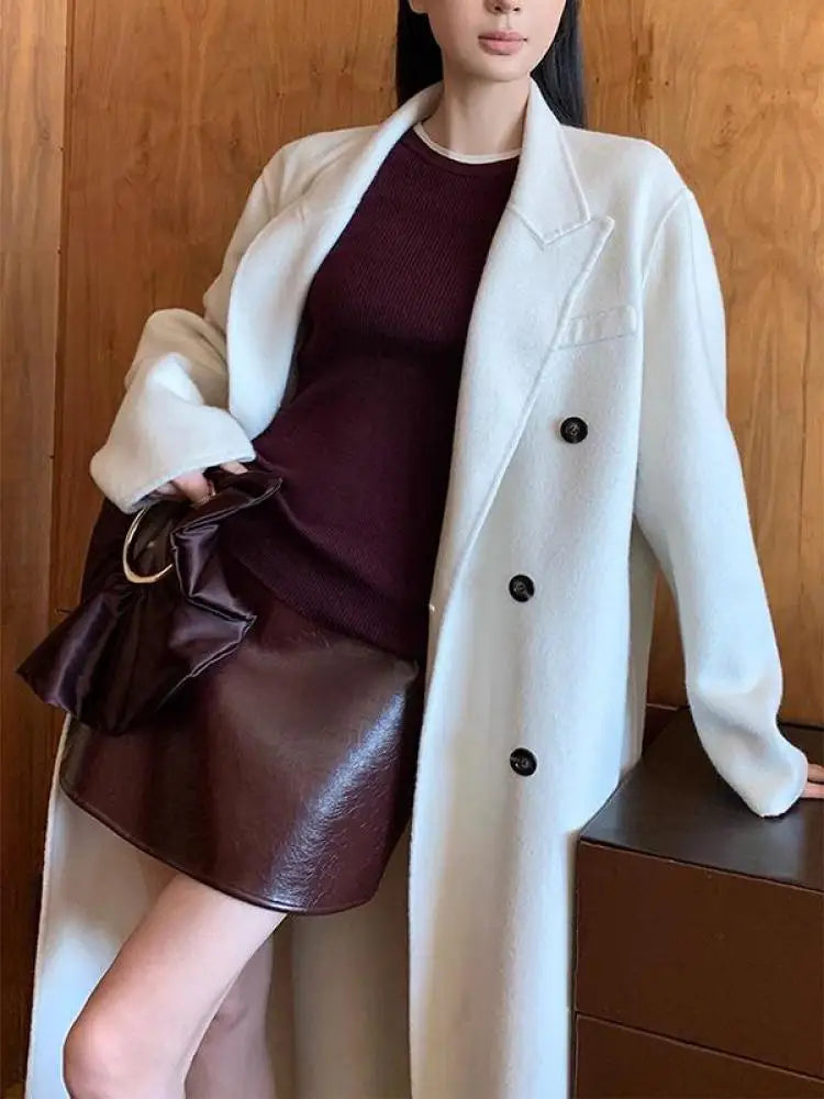 Office Lady Woolen Jackets 2024 Autumn And Winter Suit Collar Double Breasted Warmer Yak Hair Loose Long Women's Wool Coats
