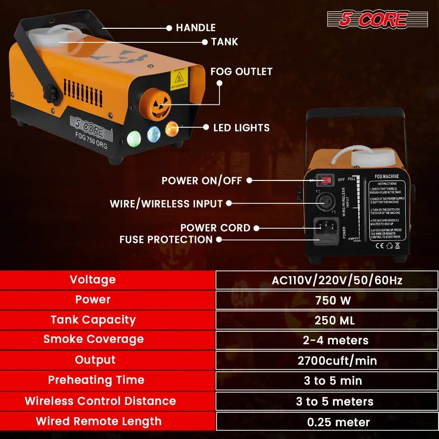 5 Core Fog Smoke Machine 750W 2700CFM LED Lights Effect Low Lying Indoor 250ML Fog Maker with Fogger for Halloween with 1 Wired