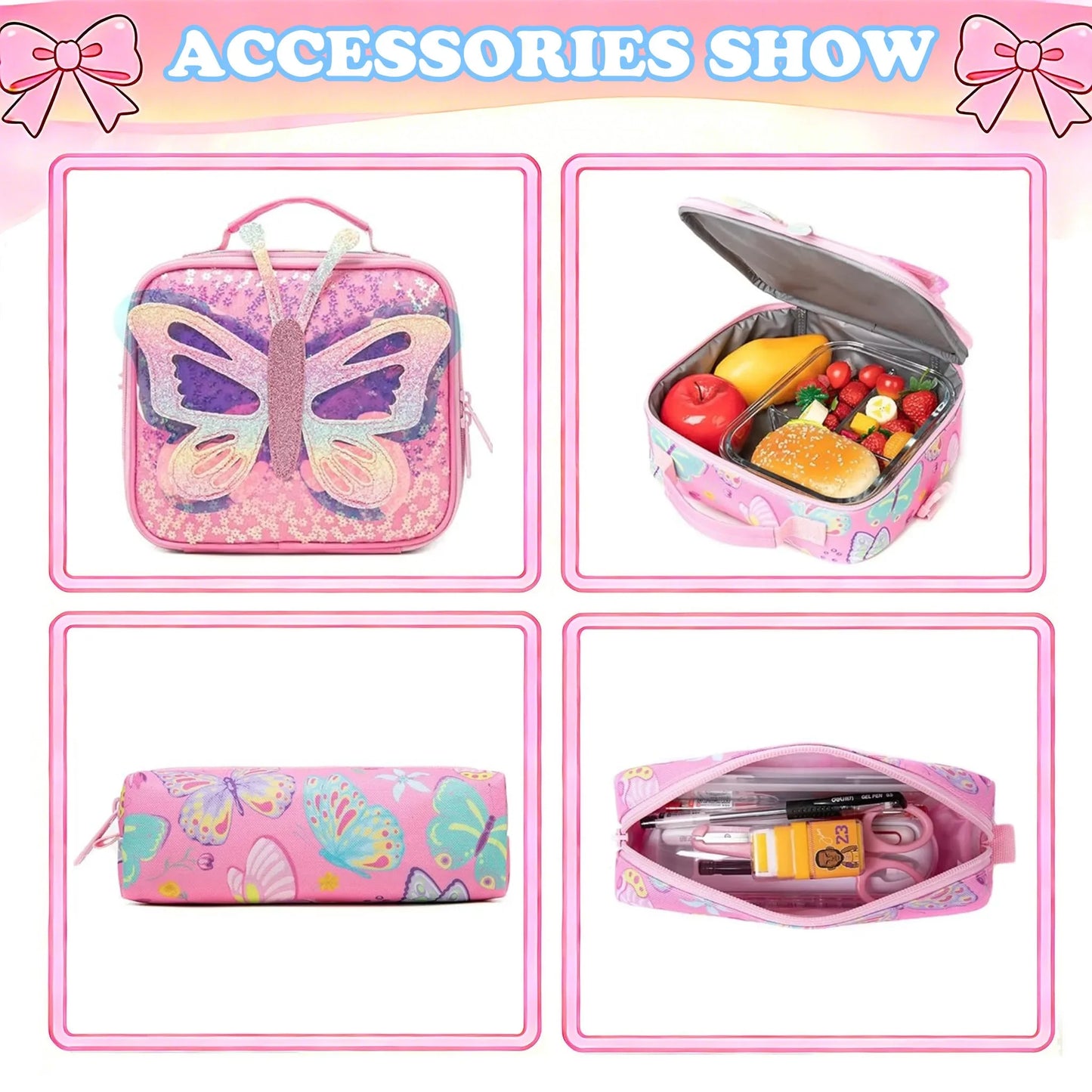 Cute School Backpack for Girls Children Shoulder Bag with Insulated Lunch Box Casual Daypack for Students Back To School Gift