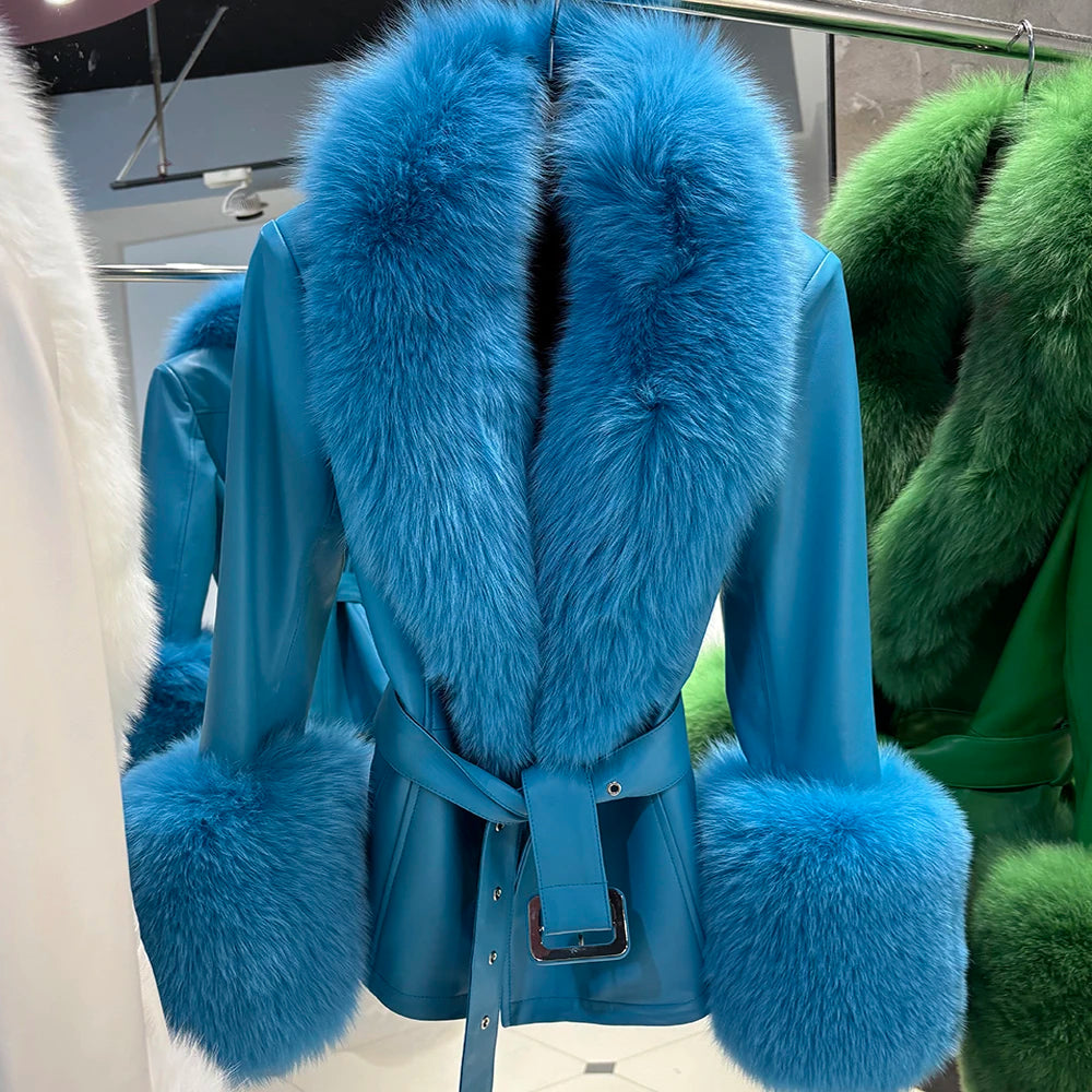 YOLOAgain Real Fox Fur Collar Genuine Leather Jacket Women