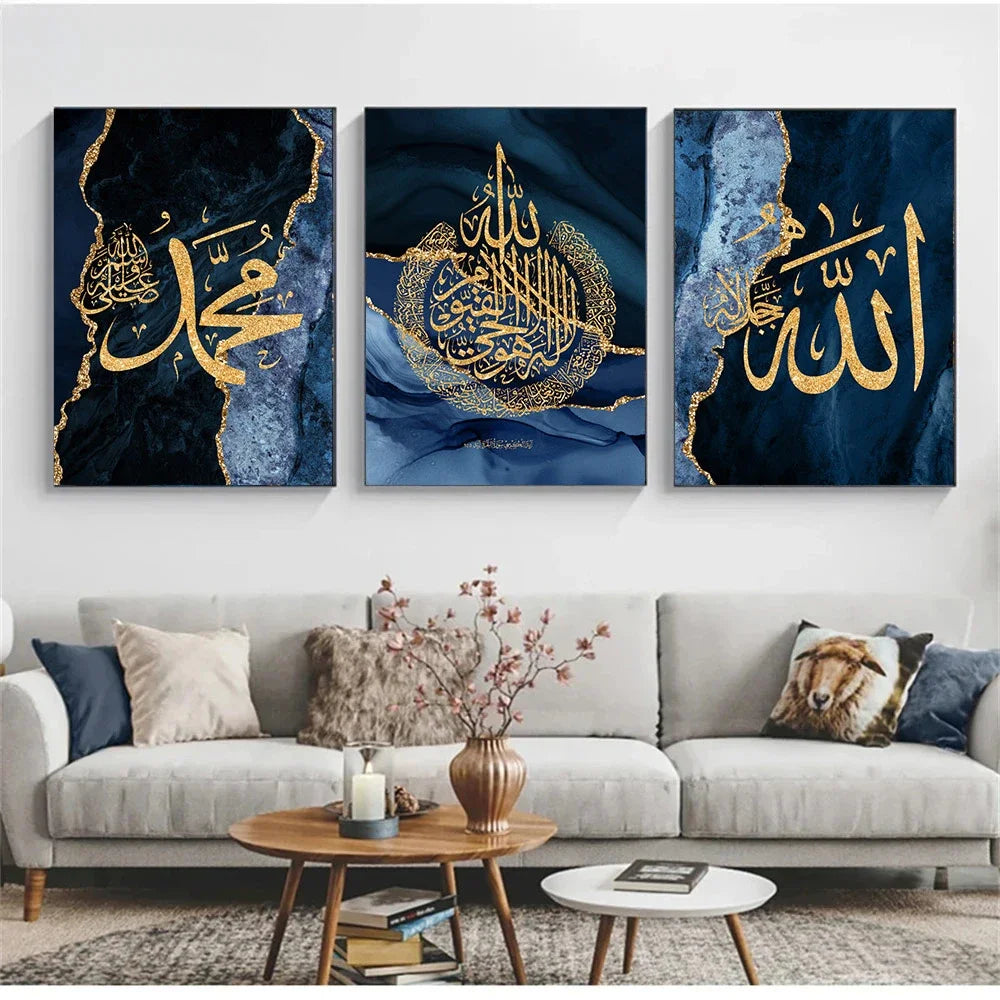 Islamic Calligraphy Quran Posters Modern Gold Blue Marble Canvas Painting Wall Art Print Picture Living Room Interior Home Decor