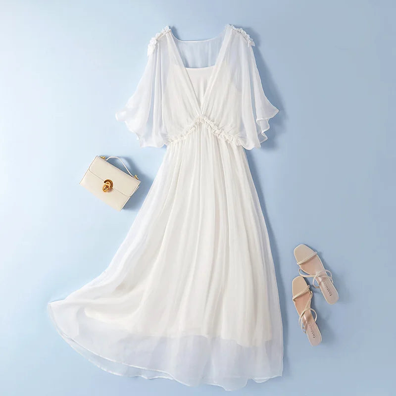 100% Silk Dress New Fashion Summer Dresses For Women 2024 High Quality Casual Dress Women Elegant Midi Dress Vestido Feminino Lq
