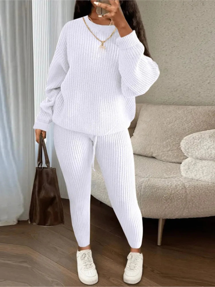 Fashion Casual Knitted Suits Long Pants Suits Women's Woolen Suits New Fashion Elegant Casual Solid Two Piece Outfits Woman