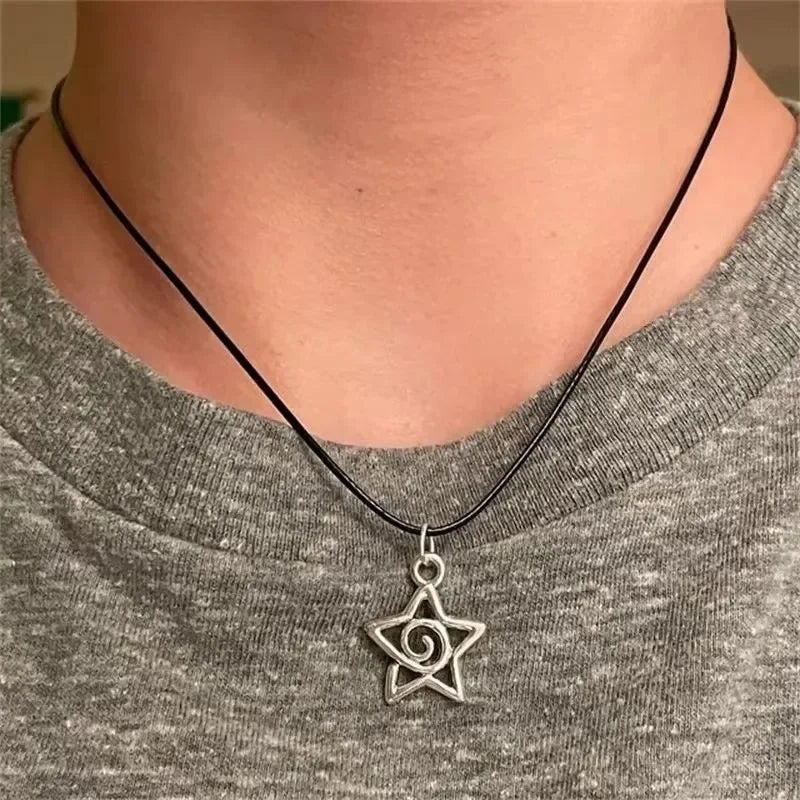 Black cord necklace, star charm, swirl, lobster clasp, adjustable, 18 inch,celestial gift