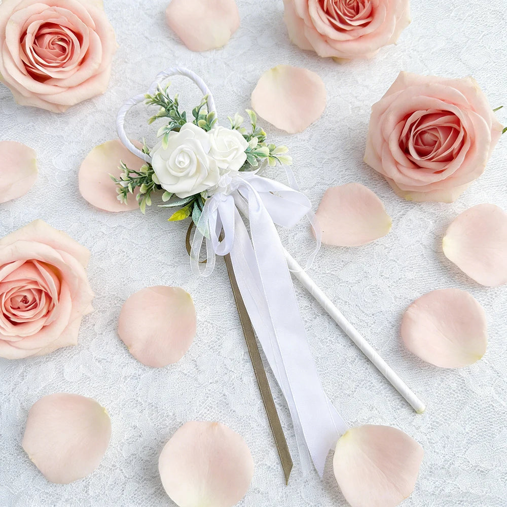 Wedding Flower Girl Wand, Floral Girl Wand Fairy Wand with Ribbon Flower for Wedding, Bridal Shower and Engagement Photo Shoot ﻿