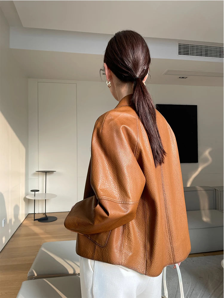 High-end Simple Natural Sheepskin Coats for Women 2025 New Trend Casual Single-breasted Lychee Texture Genuine Leather Jacket