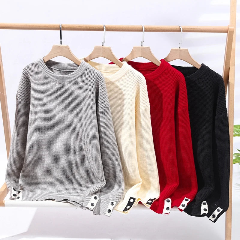 Fashion Blended Sweater 2025 Autumn/Winter Warm Wool Knitted Hoodies Cuff Button Design Casual Tops