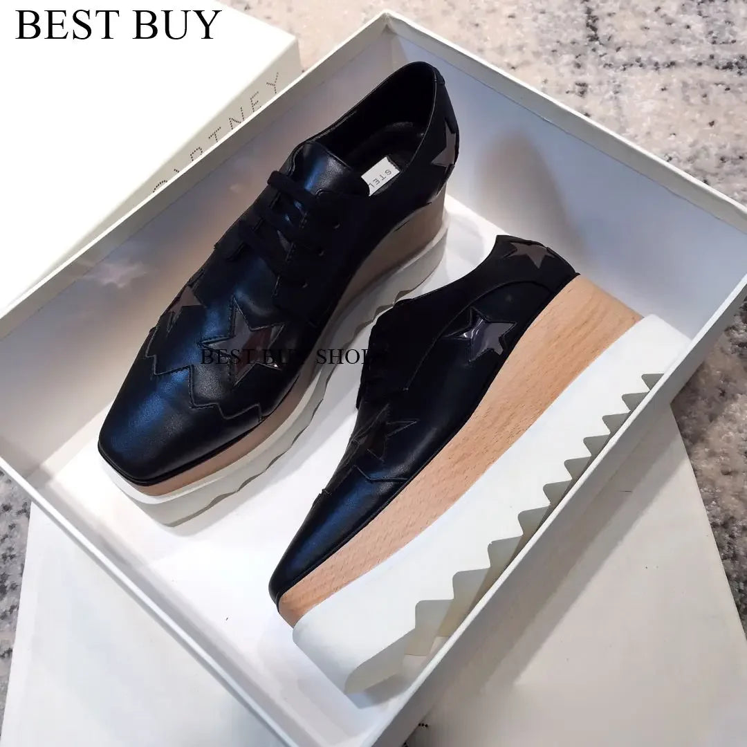 Women Fashion patent Stars high Loafers Shoes Lady Square Toe lace-up Thick Bottom Platform Wedge Shoes For Women sneakers