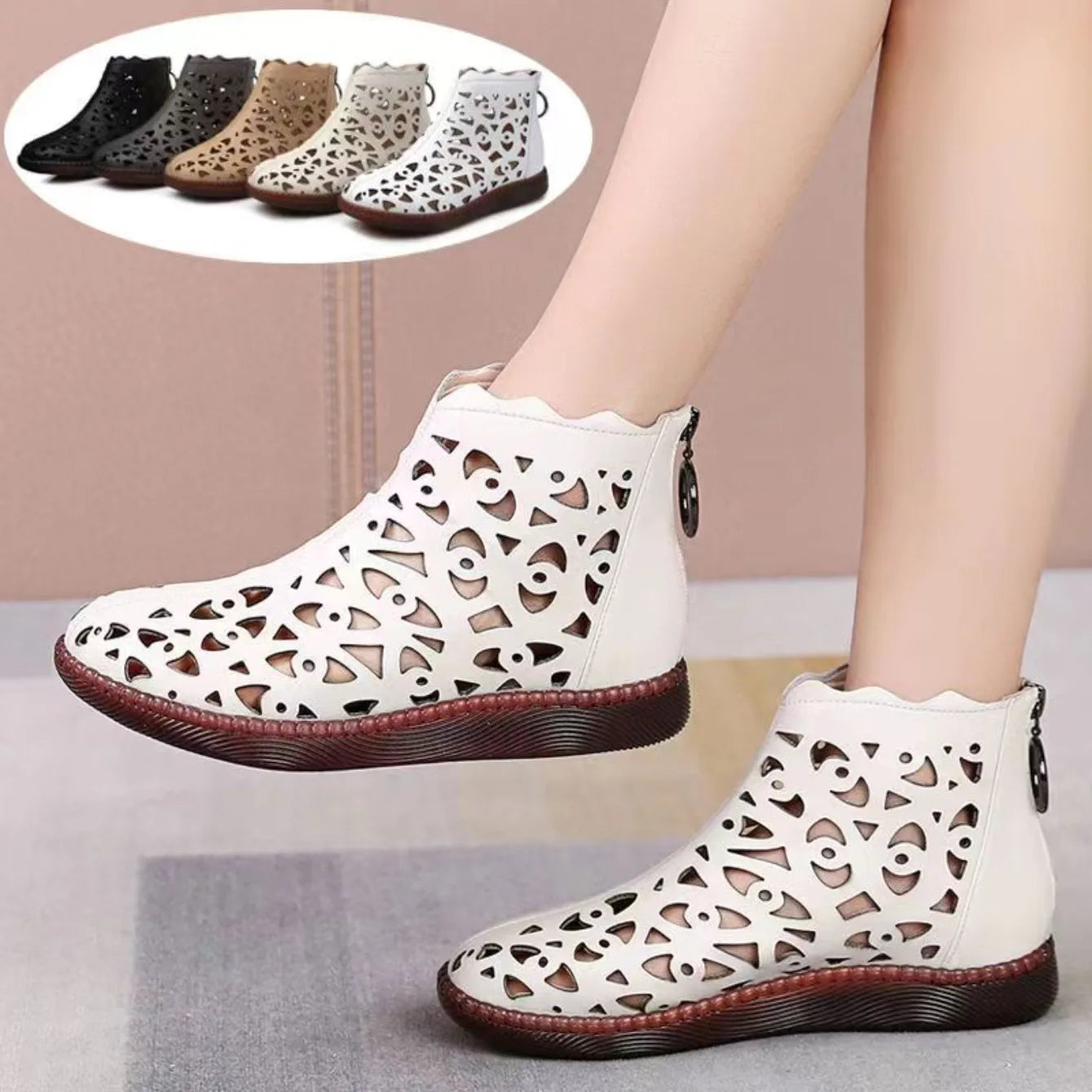 Women's Flat-bottomed Booties 2025 Spring and Autumn New Fashion Hollow Breathable Soft and Comfortable Leisure Cool Boots.