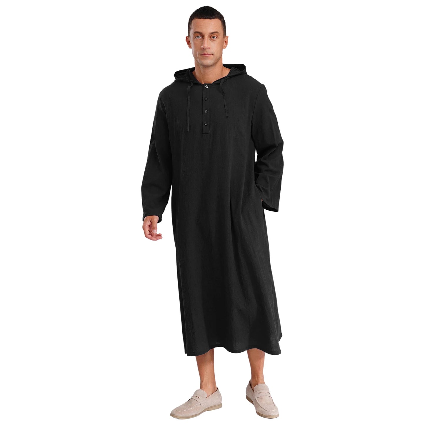 Islamic Kaftan Muslim Jubba Arabic  Thobe Men's Clothing Hooded Long Sleeves Pockest Buttons Long Loose Gown Shirt Dresses