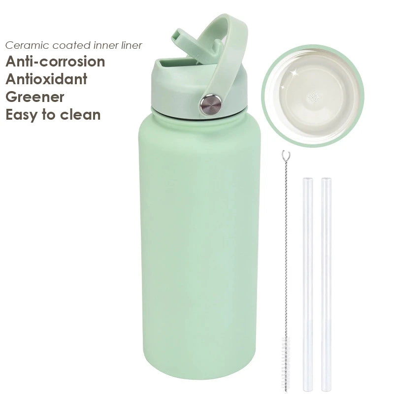 1000ML Water Bottle With Straw Lid Vacuum Insulated FlaskThermos Tumbler Ceramic Anti-Corrosion Coating Custom Gifts