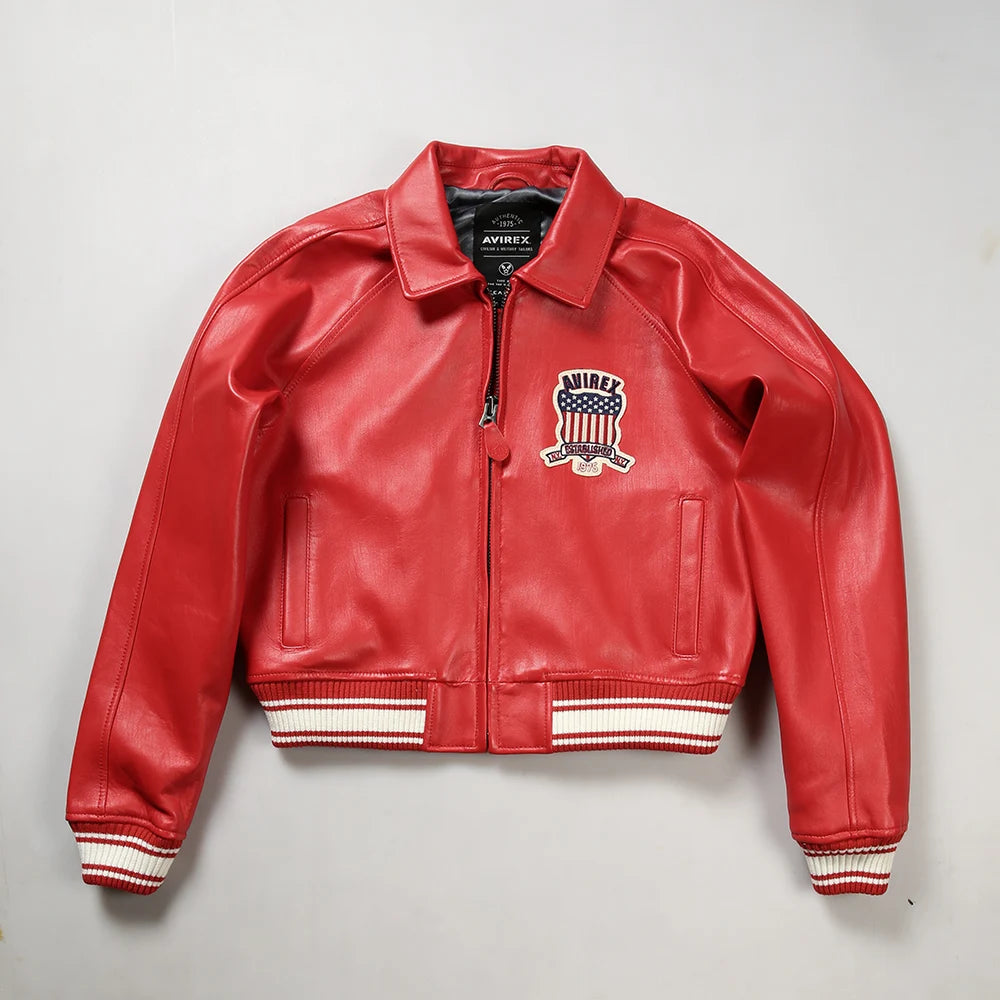 Avirex Spring 2024 New Listing Bomber Flight Suit Jacket 100% European Antique Sheepskin Classic Women's Pink Leather coat tops