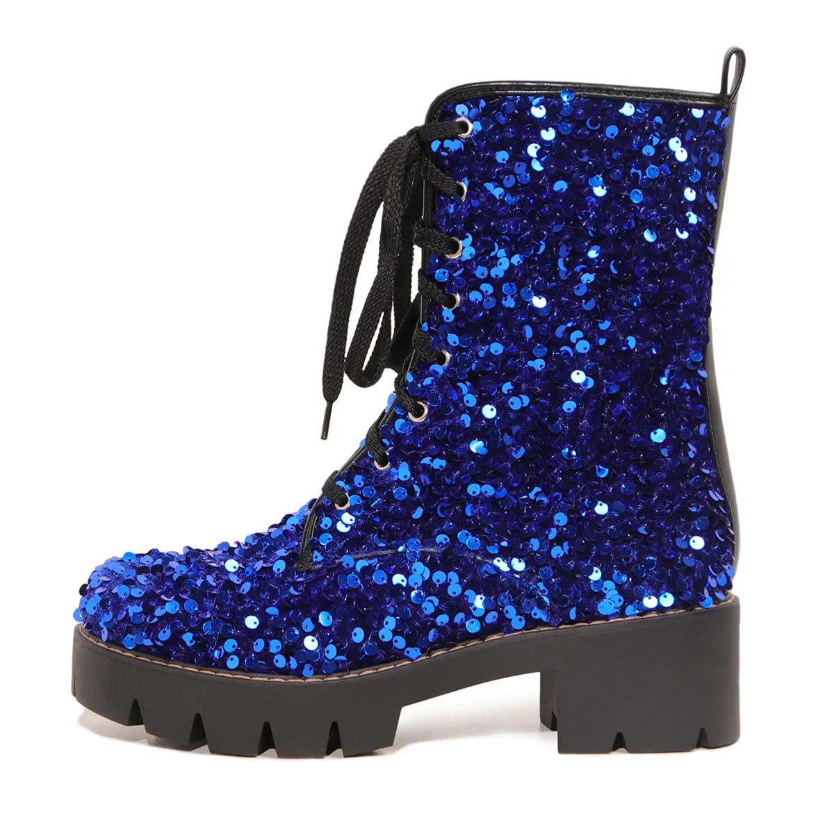 2025 New Fashion Women Shoes Front Lace Up Sequin Short Boots Coarse Heel Stage Show Ankle Boots Ladies Party Casual Short Boots