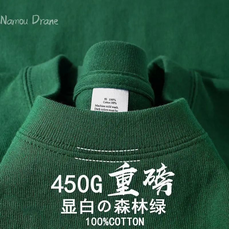 American 450g Heavy Cotton Short-sleeved T-shirt Men's and Women's Solid Color Loose Round Neck Top Bottoming Shirt Half-sleeved
