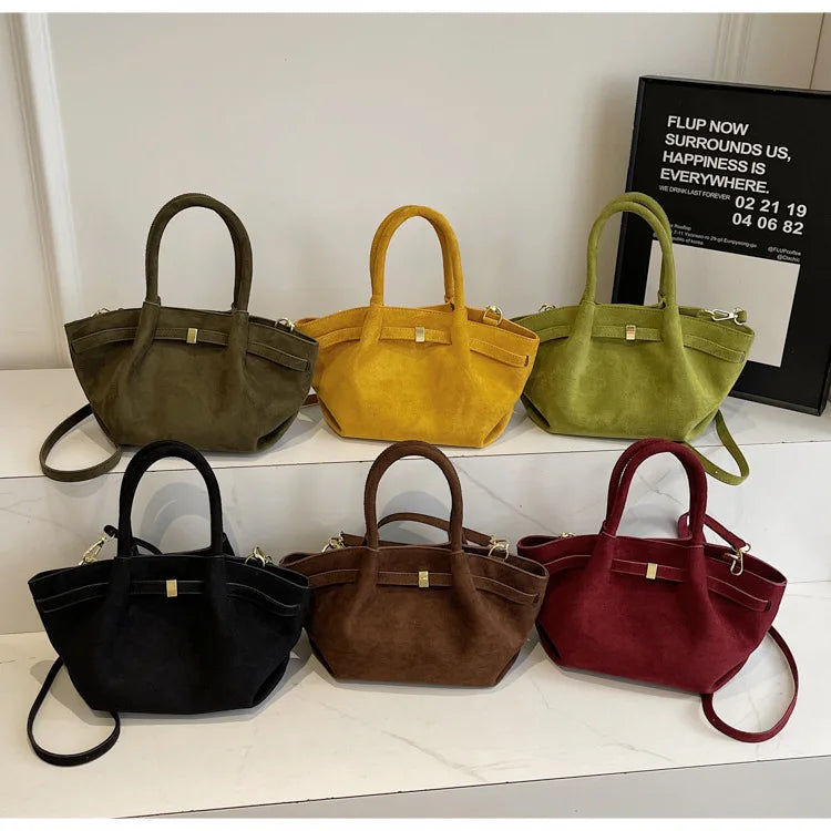 Matte Leather Suede Tote Handbags for Women Large Capacity Retro Shoulder Bag Fall Winter Belt Design Female Crossbody Bags