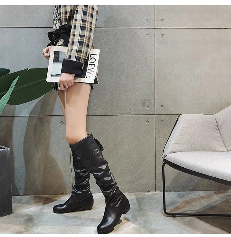 Shoes For Women  Knee High Boots Red Black White Tall Boots Woman Pleated Low Heel Casual Leather Female Long Shoes