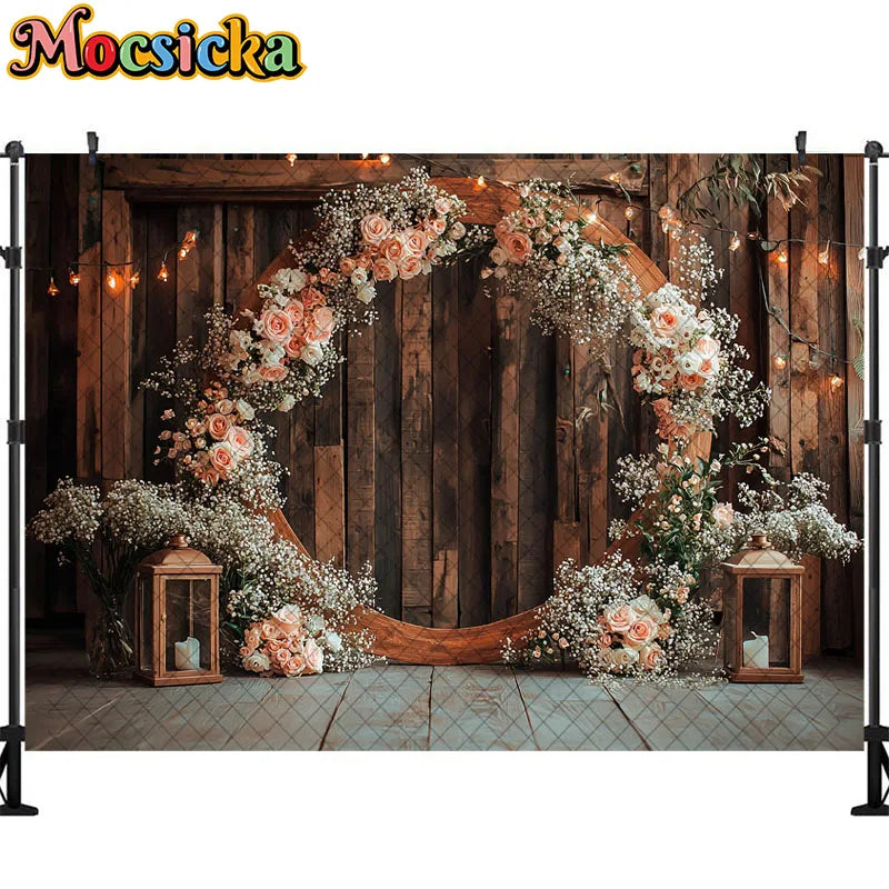 Wedding Theme Photography Background Round Wreath Wooden Wall Decoration Couple Wedding Scene Supplies Backdrop Studio Props