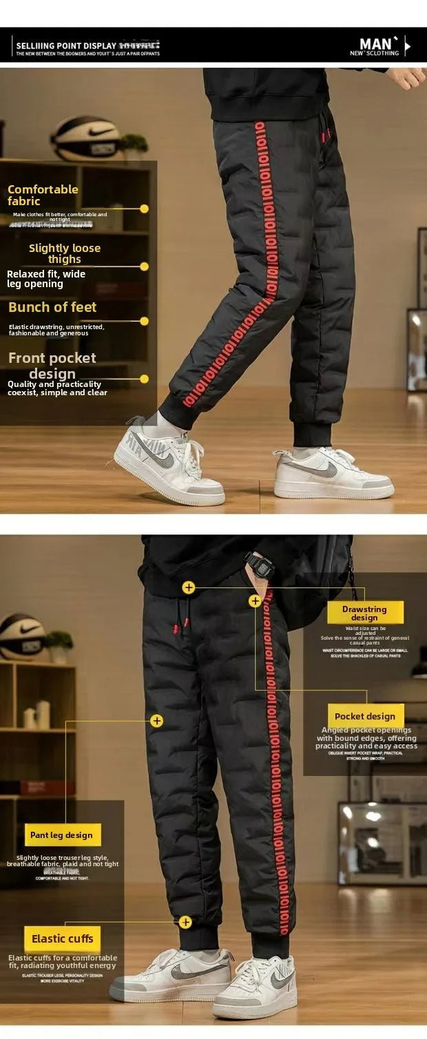 Men's down Trousers Large Size Winter Fce Warm Casual Du down Cotton Pants Loose Fit mid Waist Long Pants Polyester Fiber
