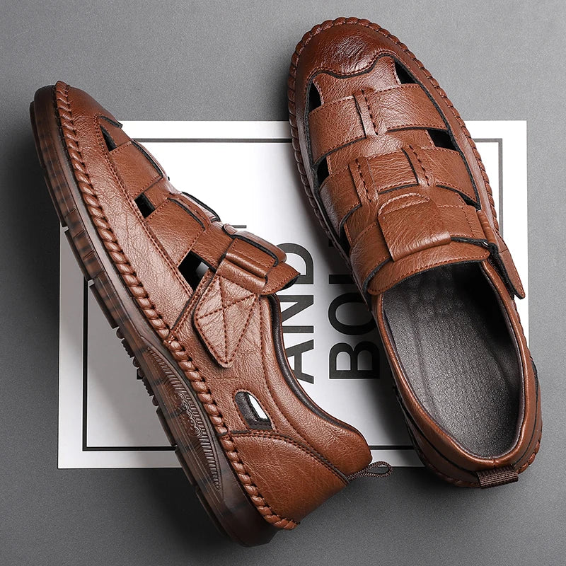 Genuine Leather 2024 Summer Special Offer Men's Business Casual Hollow Work with Holes Leather Sandals Men's Work Hole Sandals