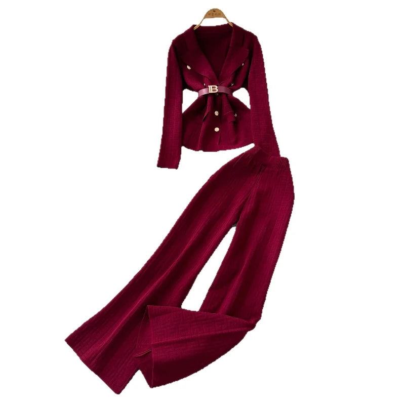 Pant Set Women Two Piece Sets Turn Down Collar Full Sleeve Tops Wide Leg Long Pants High Elastic Waist Y2k Streetwear Elegant