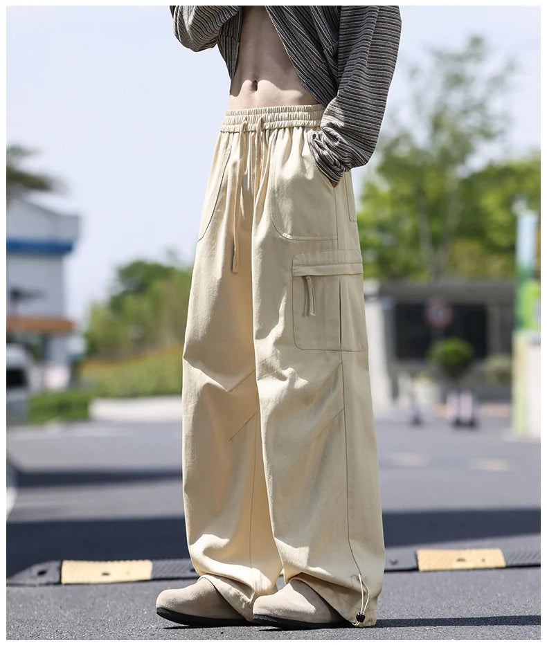 Men's work pants  black straight tube loose paratrooper pants  spring and autumn men's pants  wide leg 2025 new casual pants