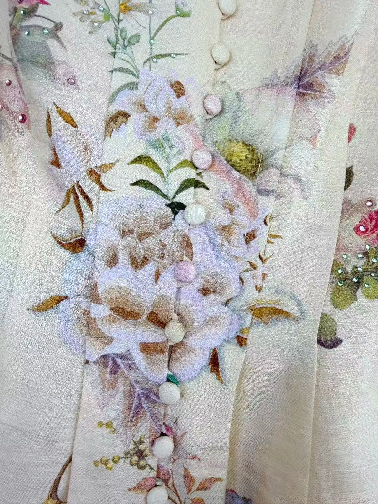 Women Silk Flower Printed Long Dress Heavy Beaded V-Neck Lantern Sleeve Loose Female dress