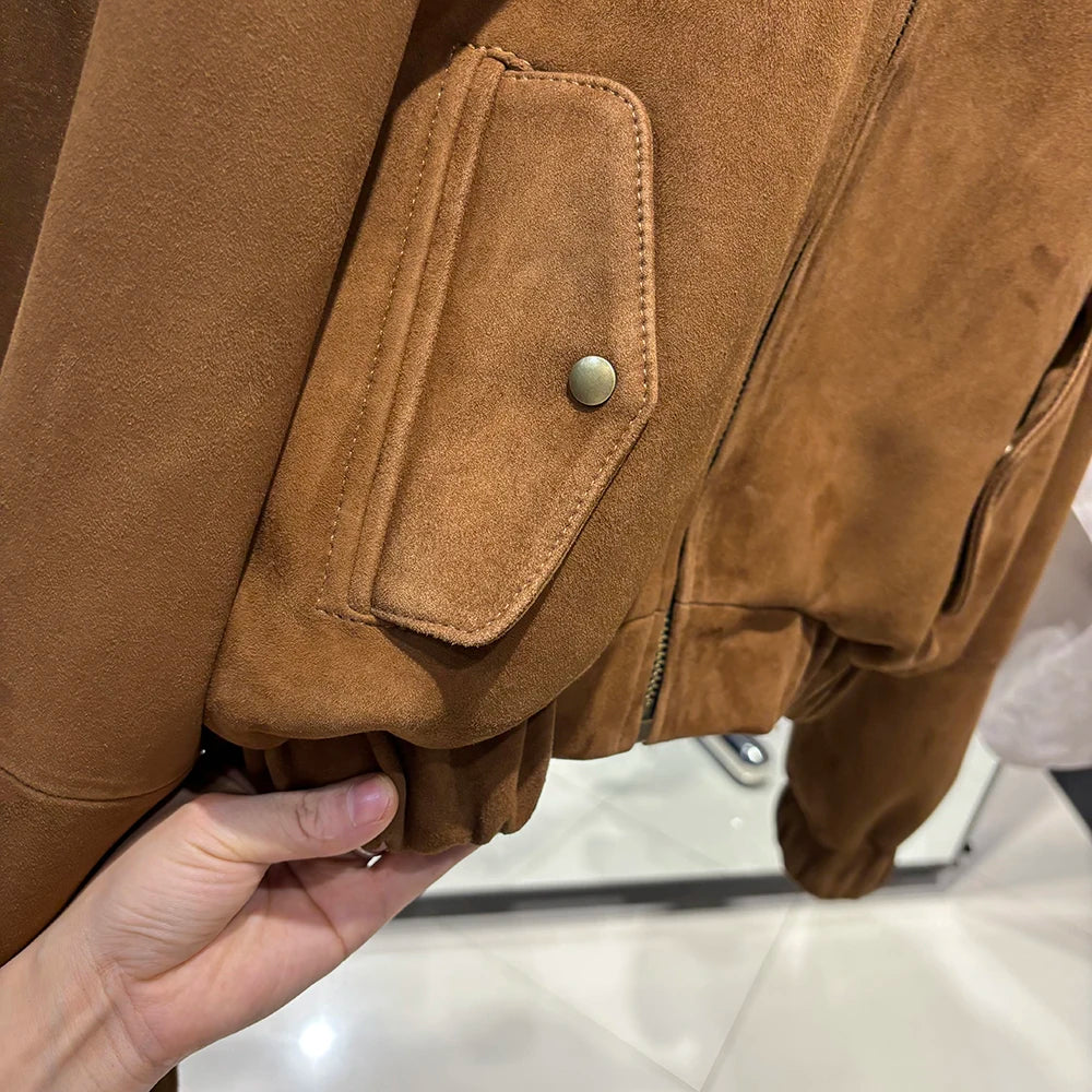 YOLOAgain Suede Leather Jacket Coat Women Real Leather Cropped Jacket Bomber Jacket 2025 Autumn