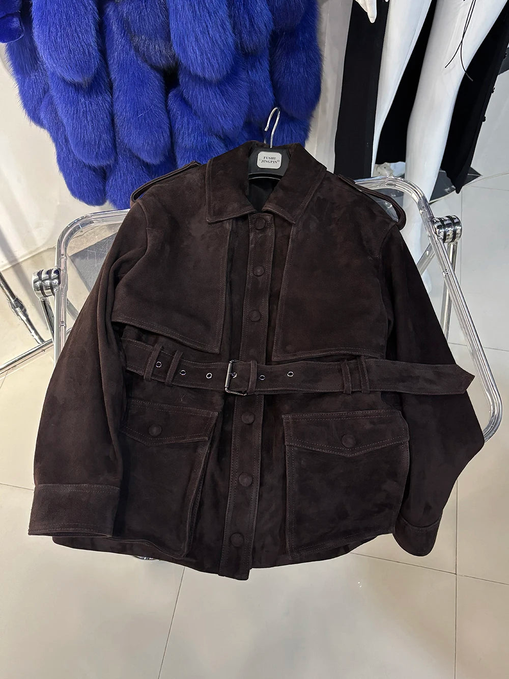 YOLOAgain Real Leather Suede Jacket Women Dark Brown Single Breasted Leather Coat With Belt