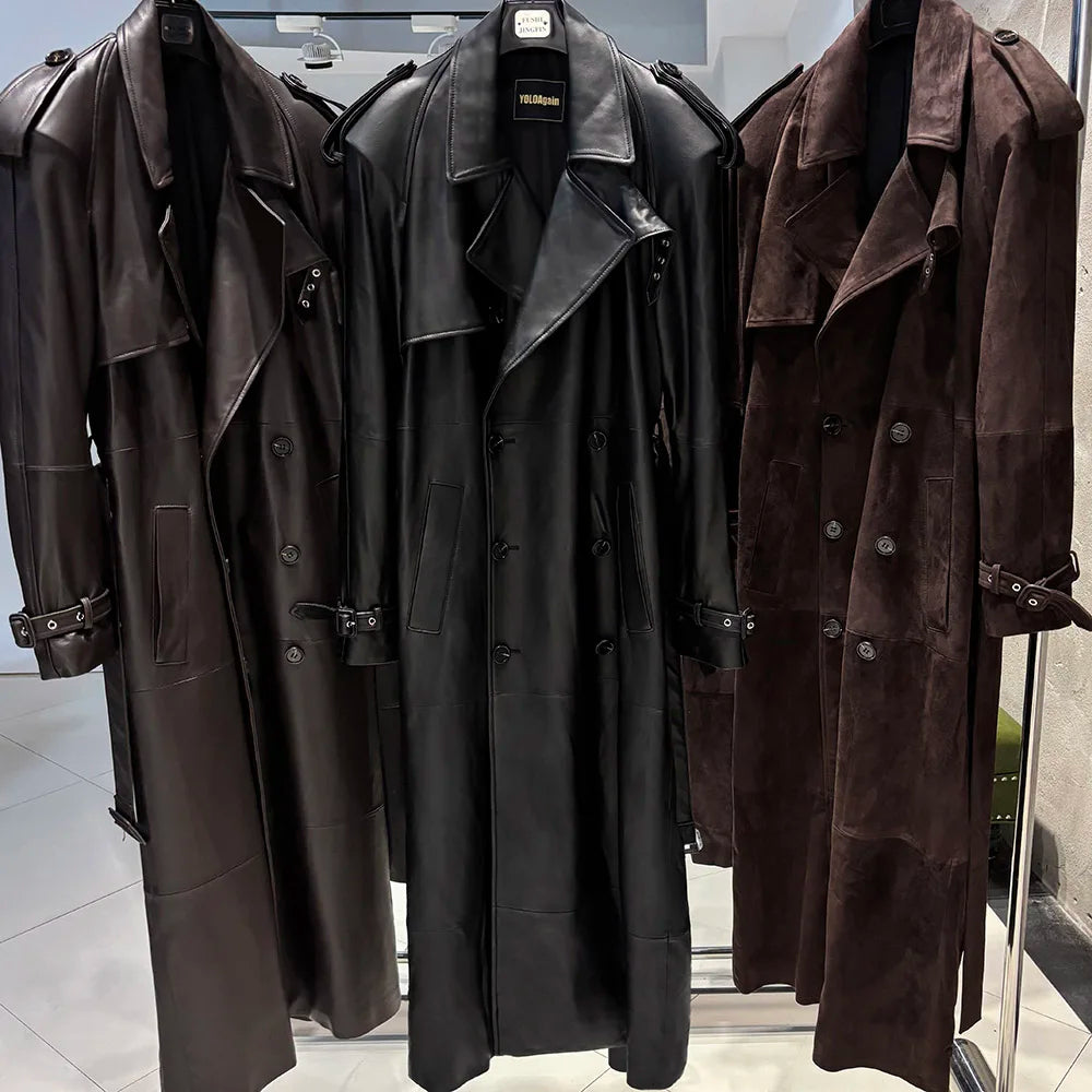 YOLOAgain 150cm Extra Length Real Leather Trench Coat Women Double Breasted Suede Coat Female