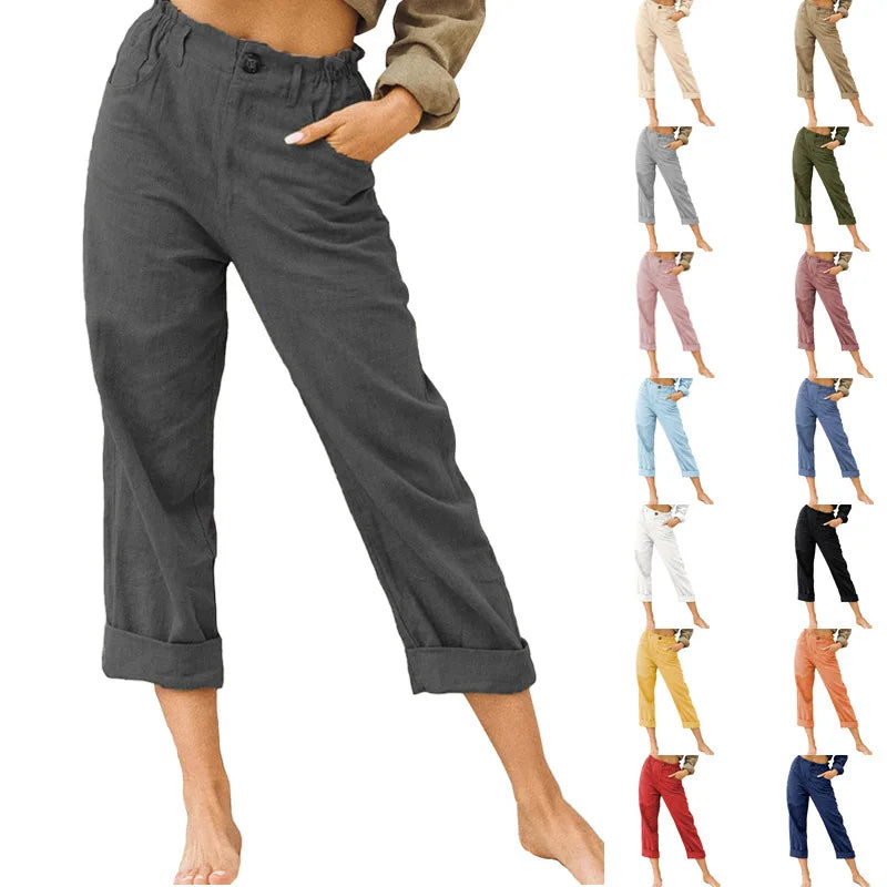 Summer 2024 new ladies cotton and linen straight tube cropped casual and comfortable simple women radish pants
